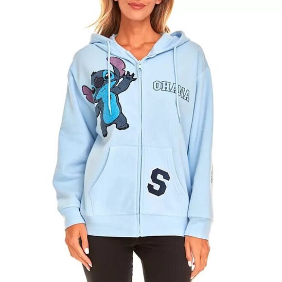 Disney Stitch Ohana Women's Full Zip Sweatshirt Hoodie Chenille Patches - Picture 1 of 7